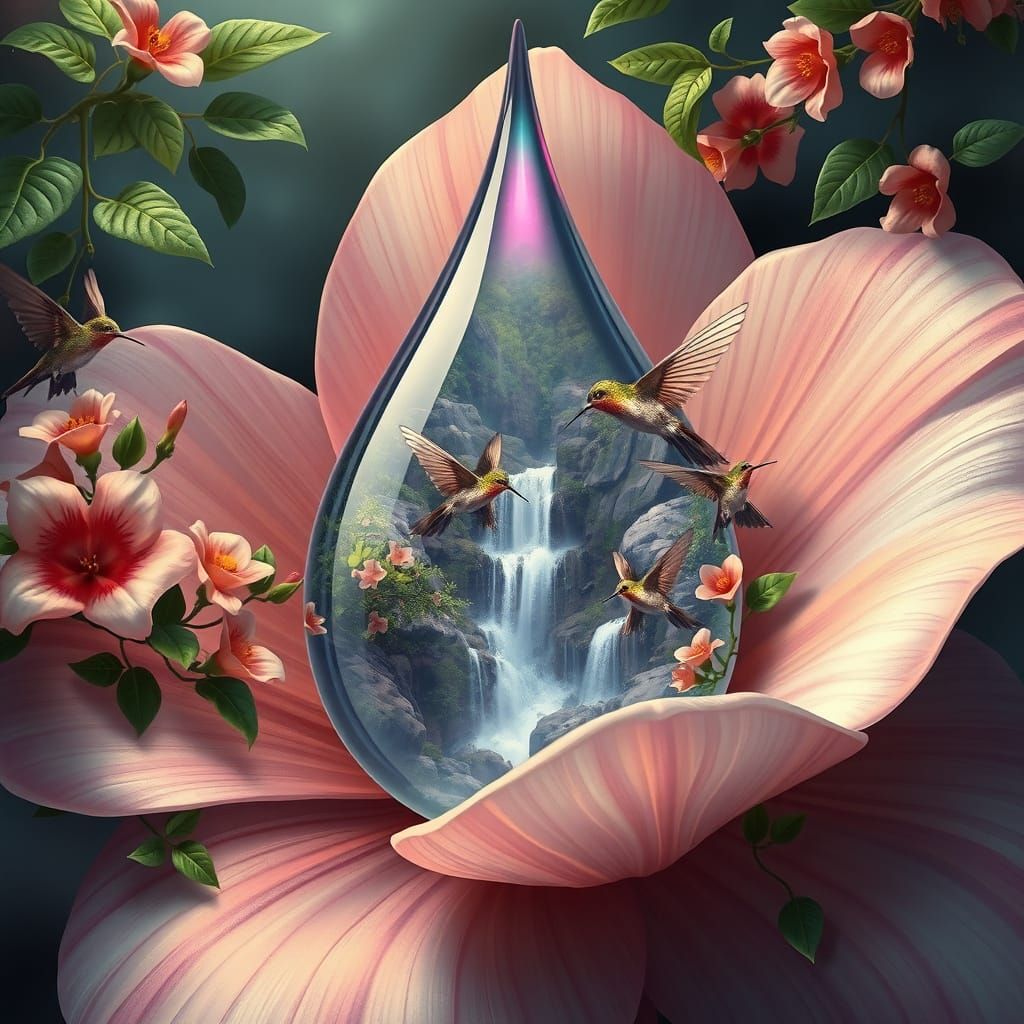 Portrait of a teardrop hanging from a flower petal, inside the teardrop is a waterfall and hummingbirds ...  by @Kellys AI Kreations
