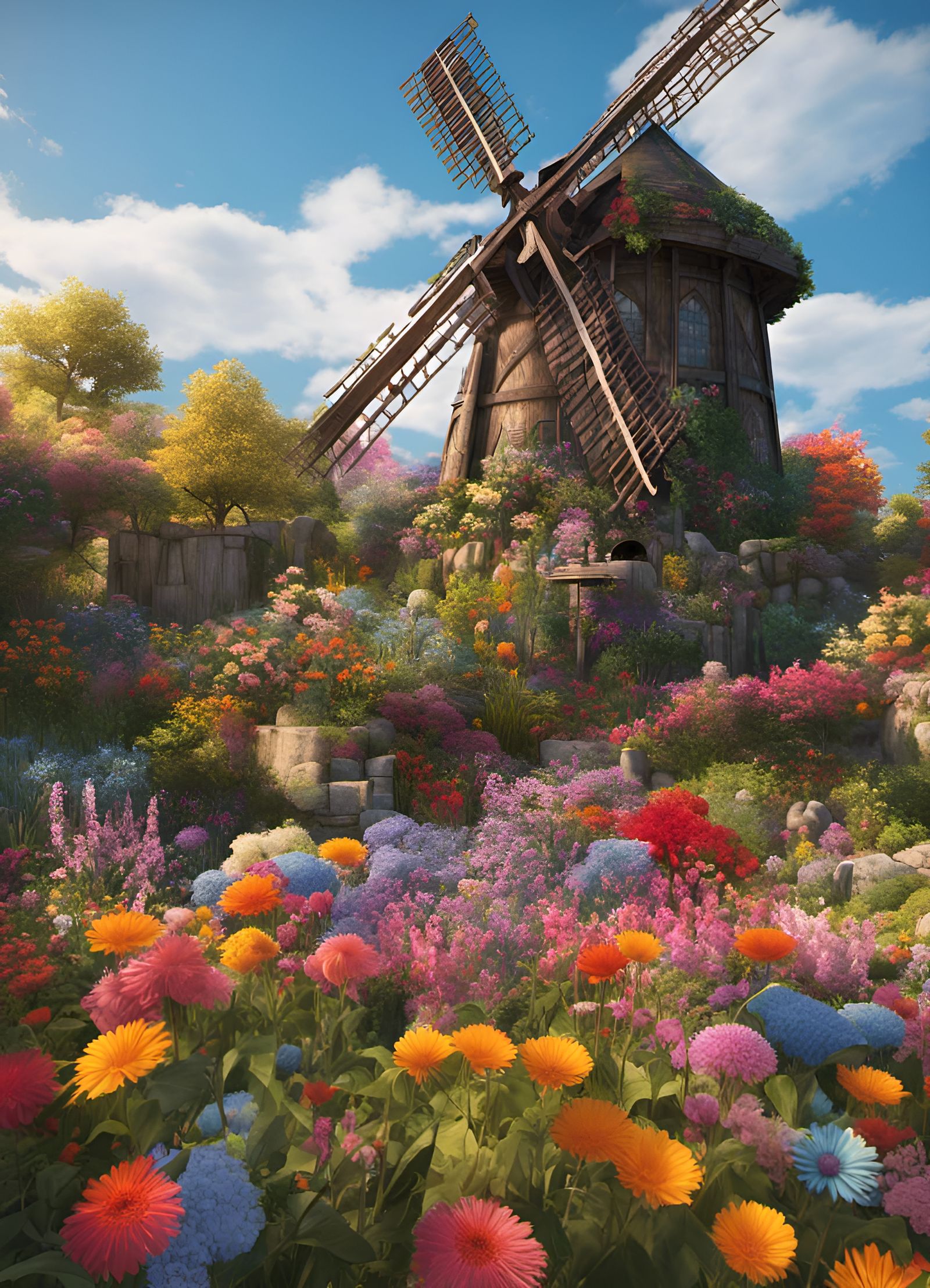 Old windmill with 8 massive sails is decorated with an insane amount of colorful flowers everywhere on ...  by @Karen M