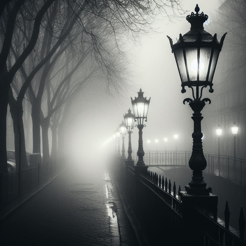 foggy street with a gas lamp