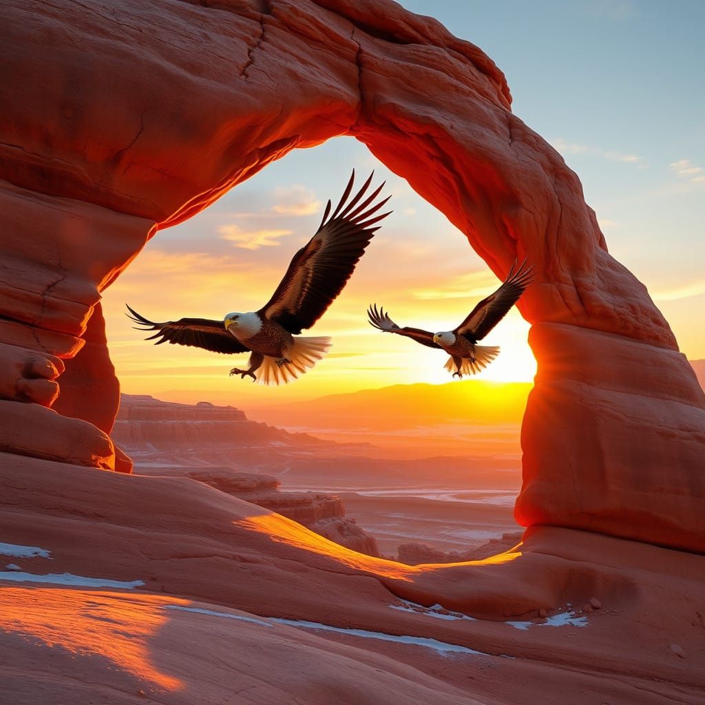 Eagles flying through the great Arch in Arches National Monument  by @MK Thunderstone