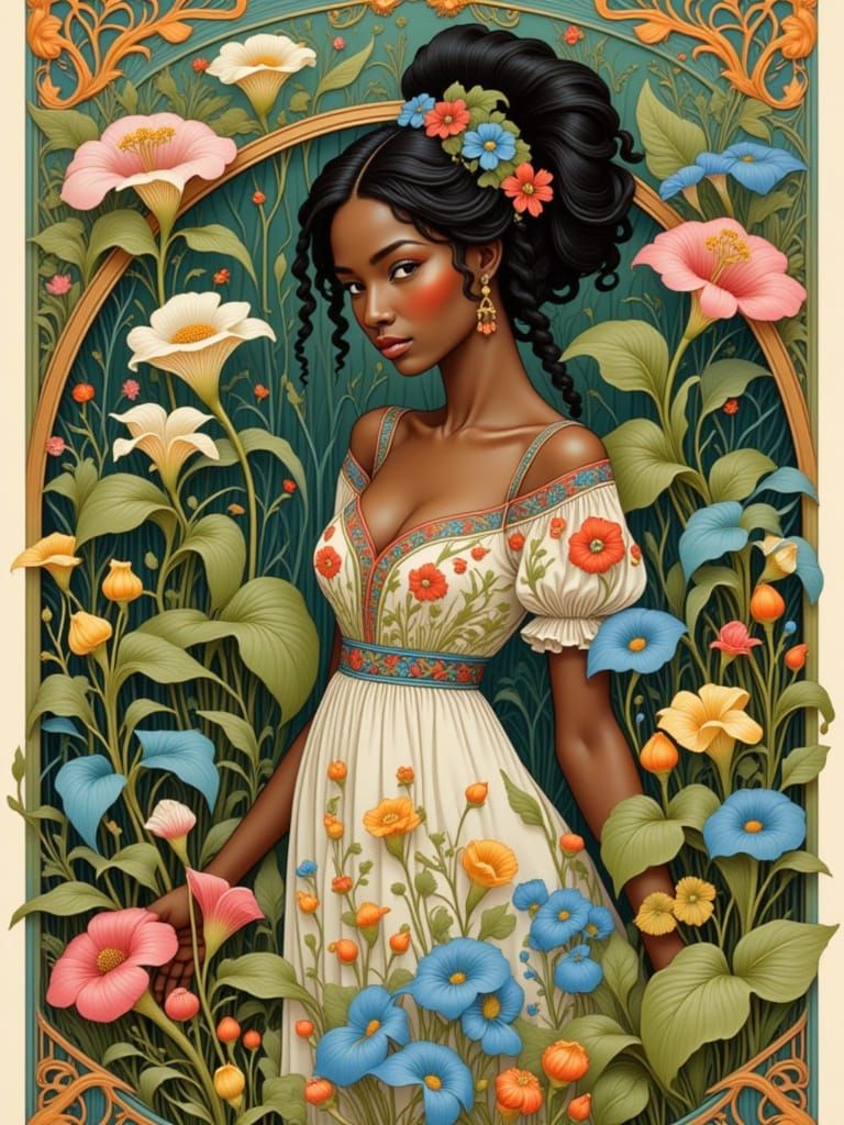 <lora:Bilibin:1.0>A black woman in a flower garden. decorative, illustration, border pattern, flowing lines 