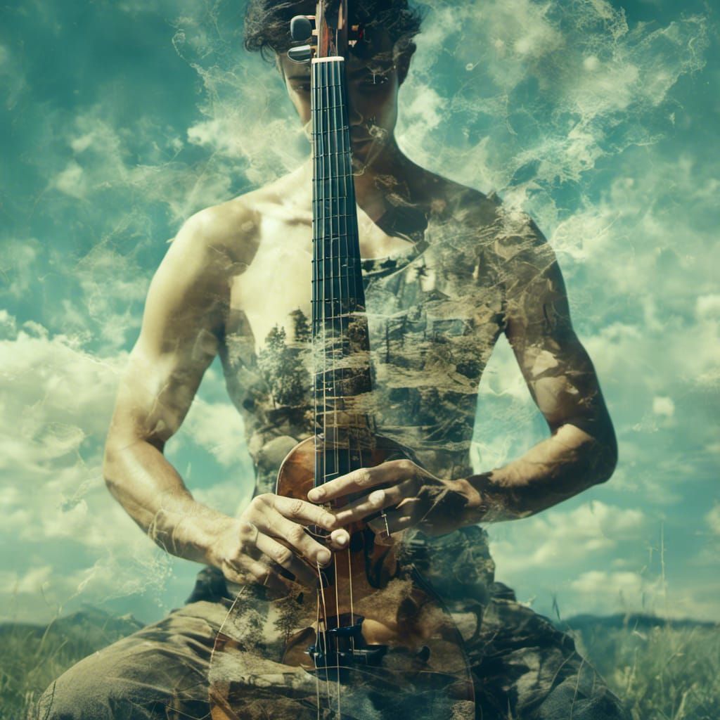 <lora:MJ 6 Double Exposure:1.3> Double exposure photography of a musical instrument with a performer, sharp focus, double exposure photograp...