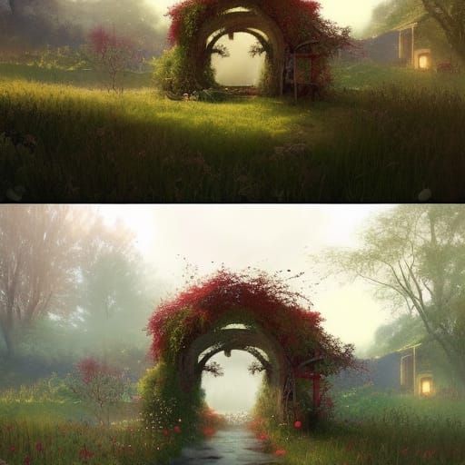 Digital art, a garden with spring garden chairs and a table ...