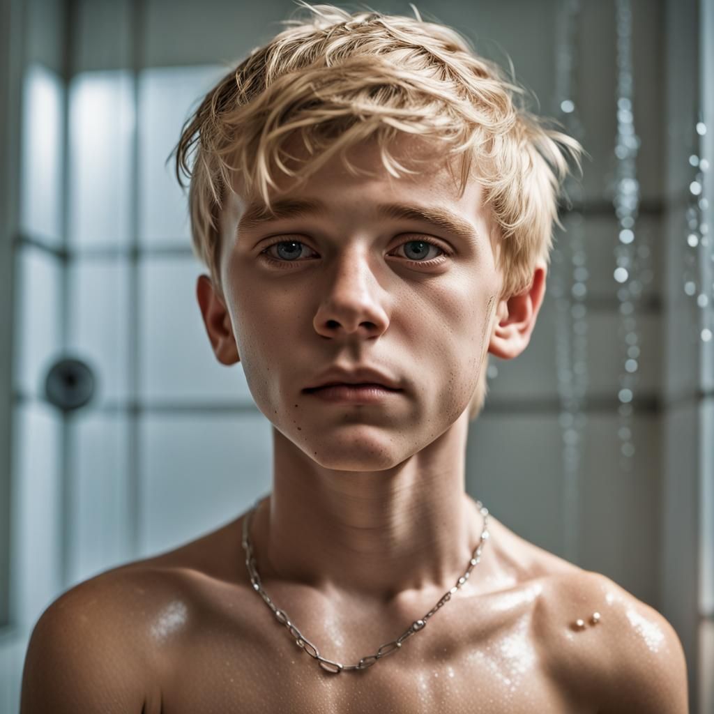 shirtless-blond-boy-adolescent-necklace-scar-on-face-at-shower