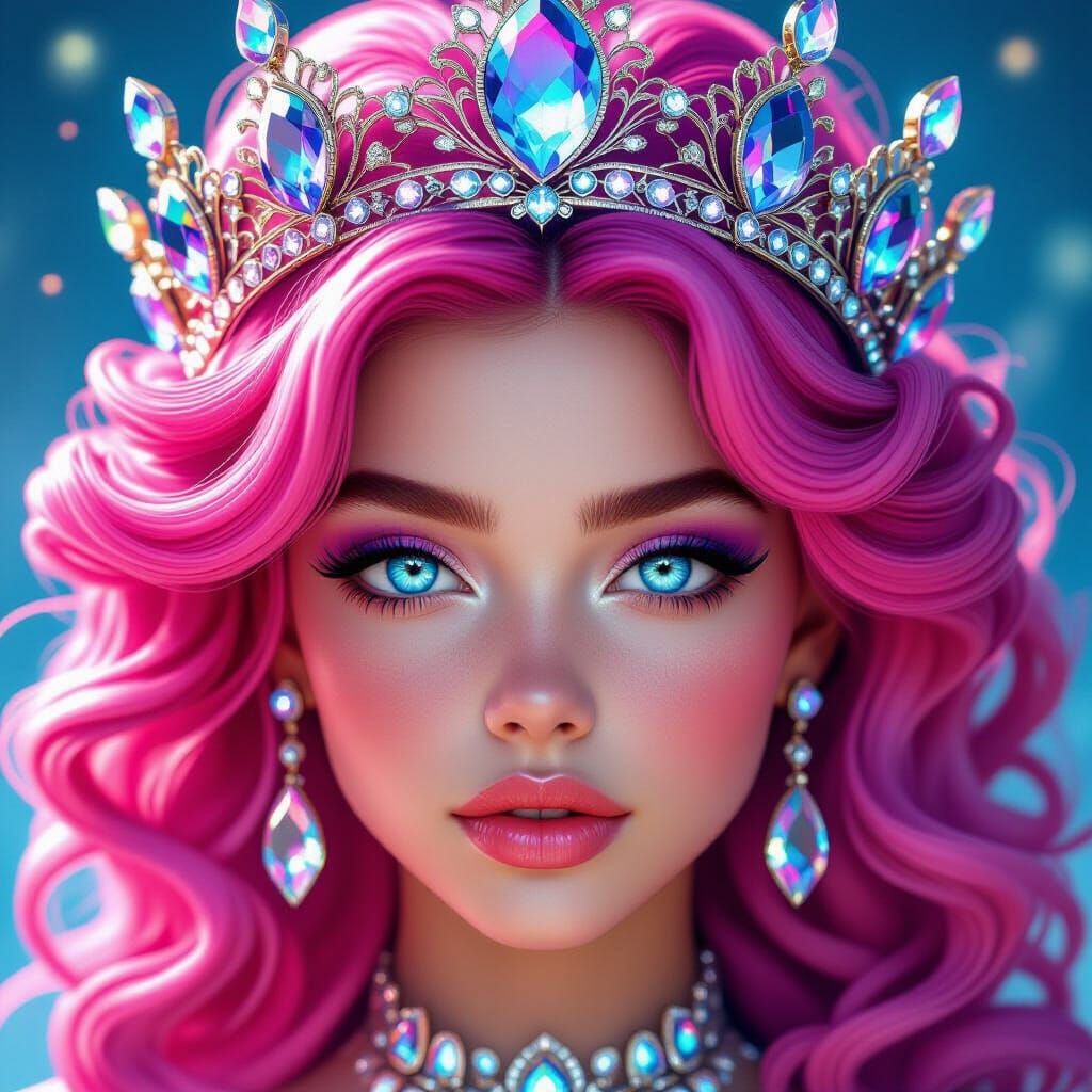 A 3D hyperrealistic close-up portrait of a young woman around 20 years old with very bright blue eyes and a proud, slightly arrogant gaze fr...