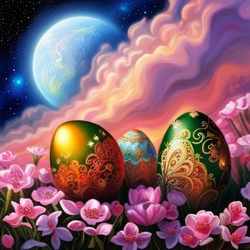 Beautiful Decorated Eggs In The Moonlight