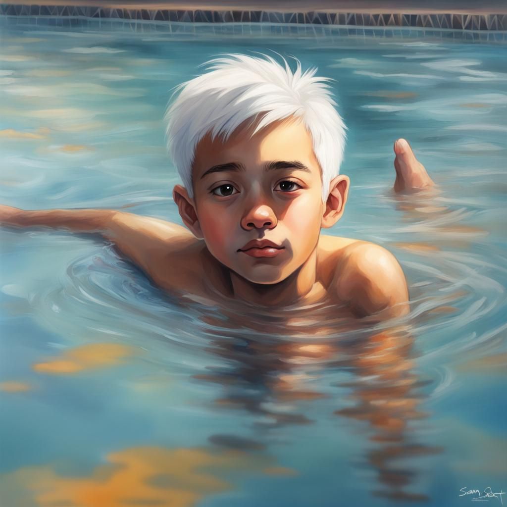 Boy with white hair brown eyes swimming in pool, Radiant col...
