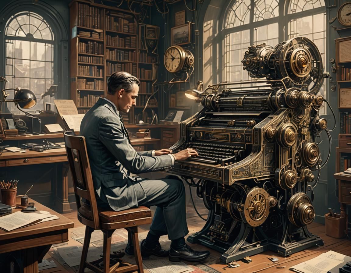 Hombre actual probando la que se supone primera máquina de escribir  Underwood    by @NoloGomez 