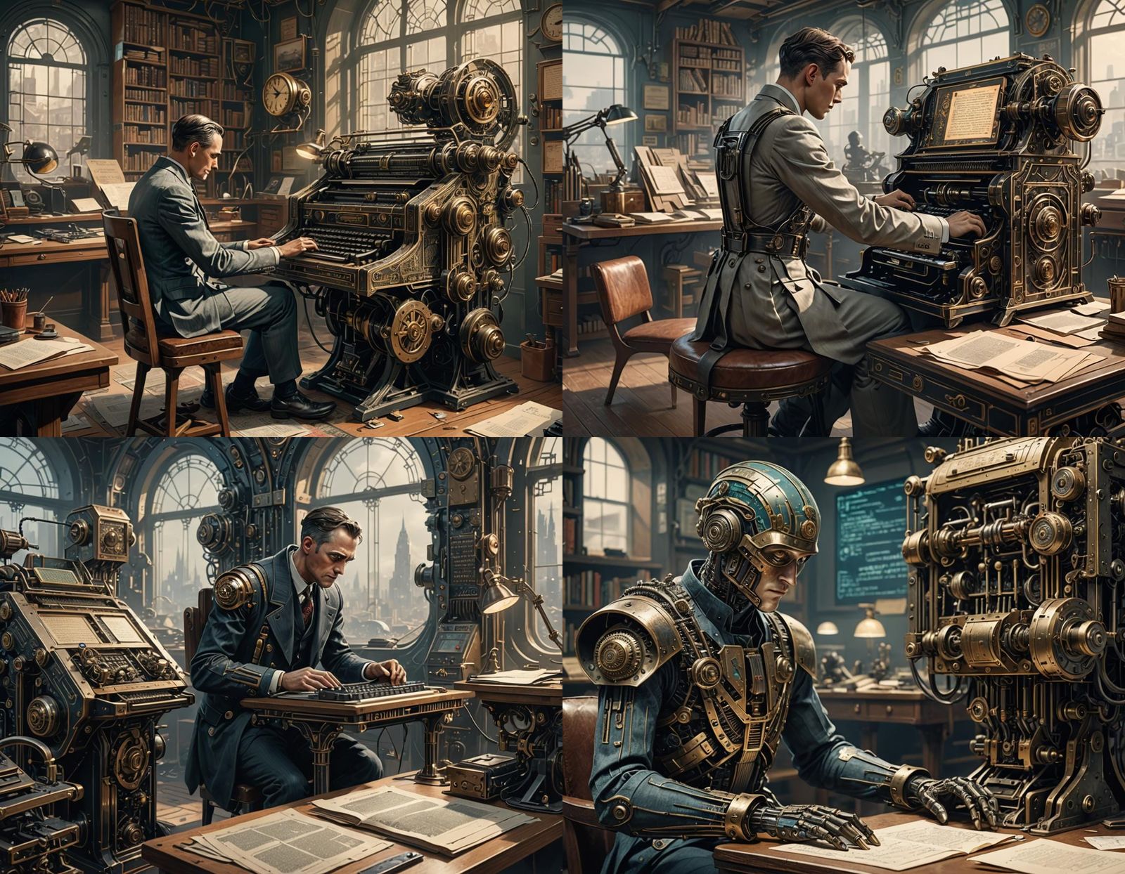 Hombre actual probando la que se supone primera máquina de escribir  Underwood