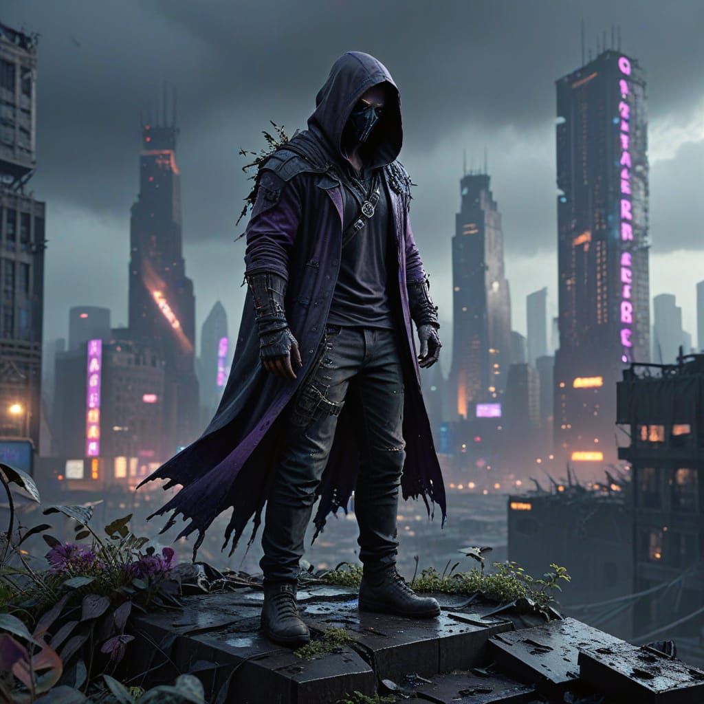 A lone rebel, clad in tattered, denim shirt and trousers and a long black rag tag hooded cloak, stands defiantly atop a crumbling skyscraper...