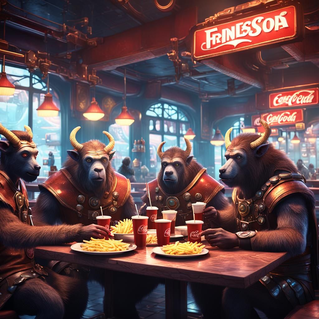 people and beastmen in a cyberpan style cafe sit in a cafe d...