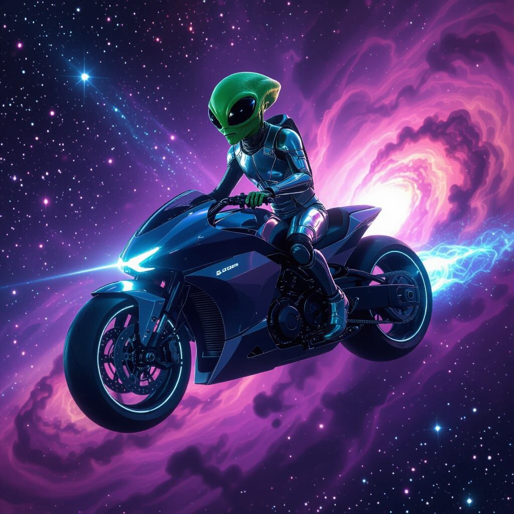 Alien Rider on Levitating Motorcycle in Cosmic Nebula