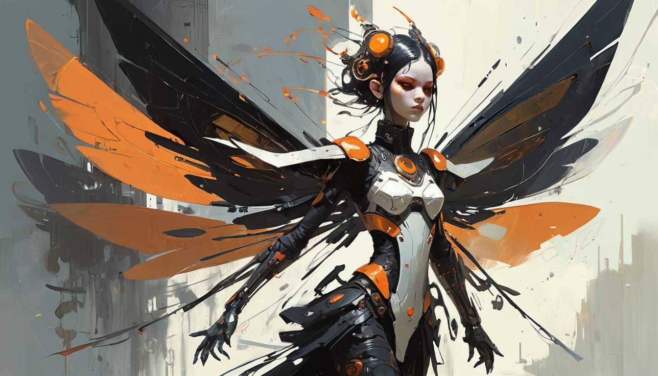  A strict gothpunk angelic fairy  with a fusion of sleek orange accents and metallic components, posing with an air of artistic curiosity an...