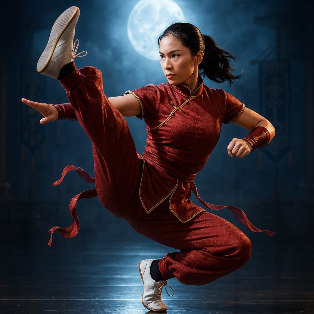 Female Wushu Master hits a dynamic front kick