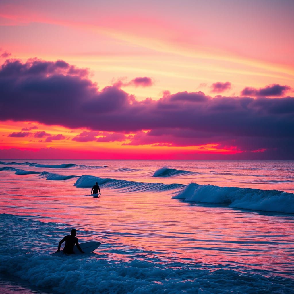 A peaceful sunset view over the ocean, with surfers catching their last waves of the day.  by @Nimbus