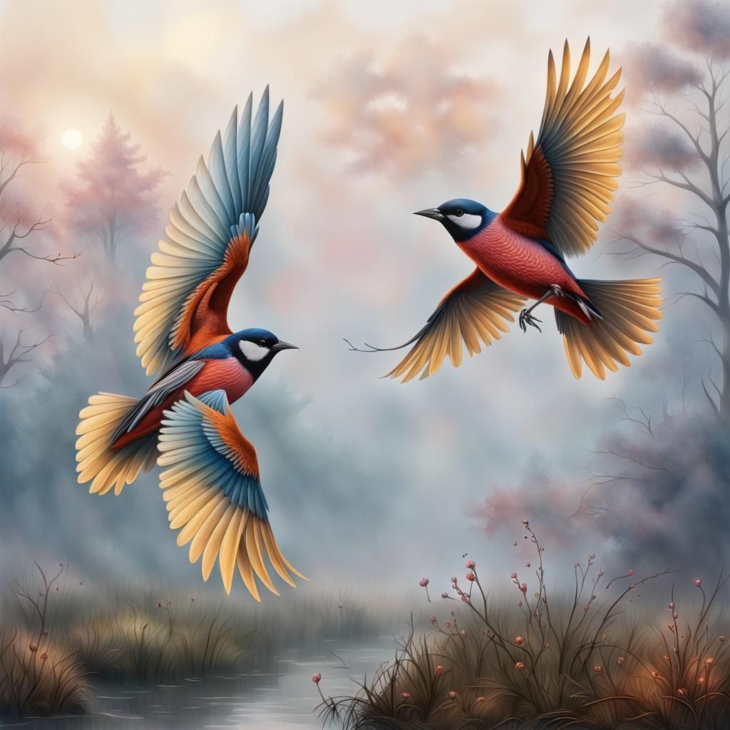 Two birds in the foggy morning.   by @Lizaliza