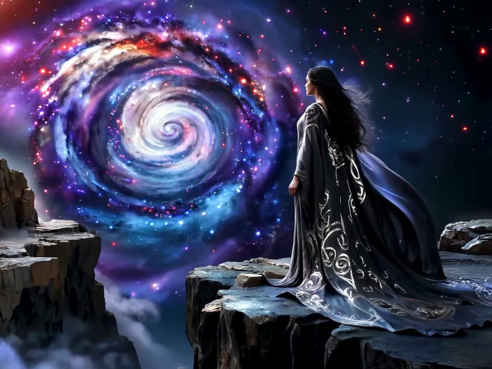 A lone woman stands on a precipice, gazing into a swirling cosmic nebula that mirrors the patterns of ancient runes. Her...