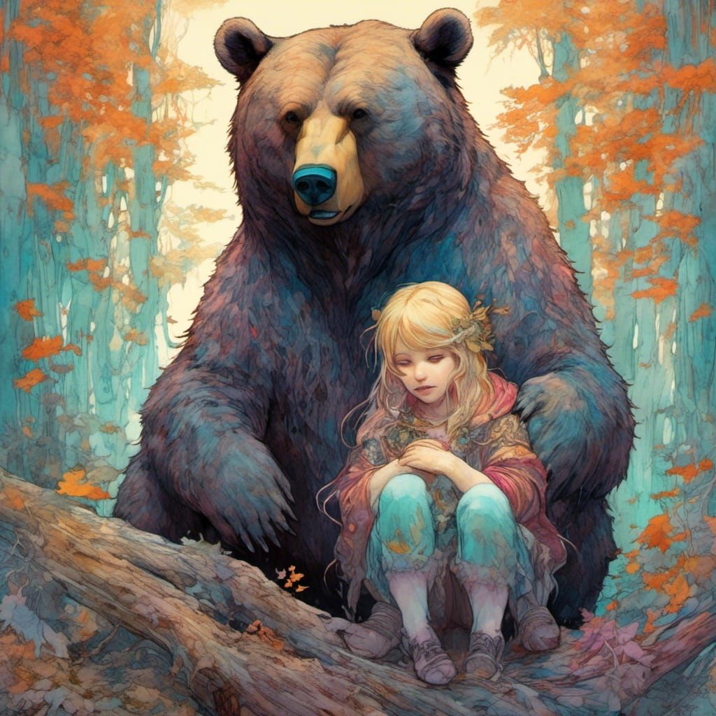 Beautiful Young Witch Hugged by guardian Bear by Charles Vess, hdr ...