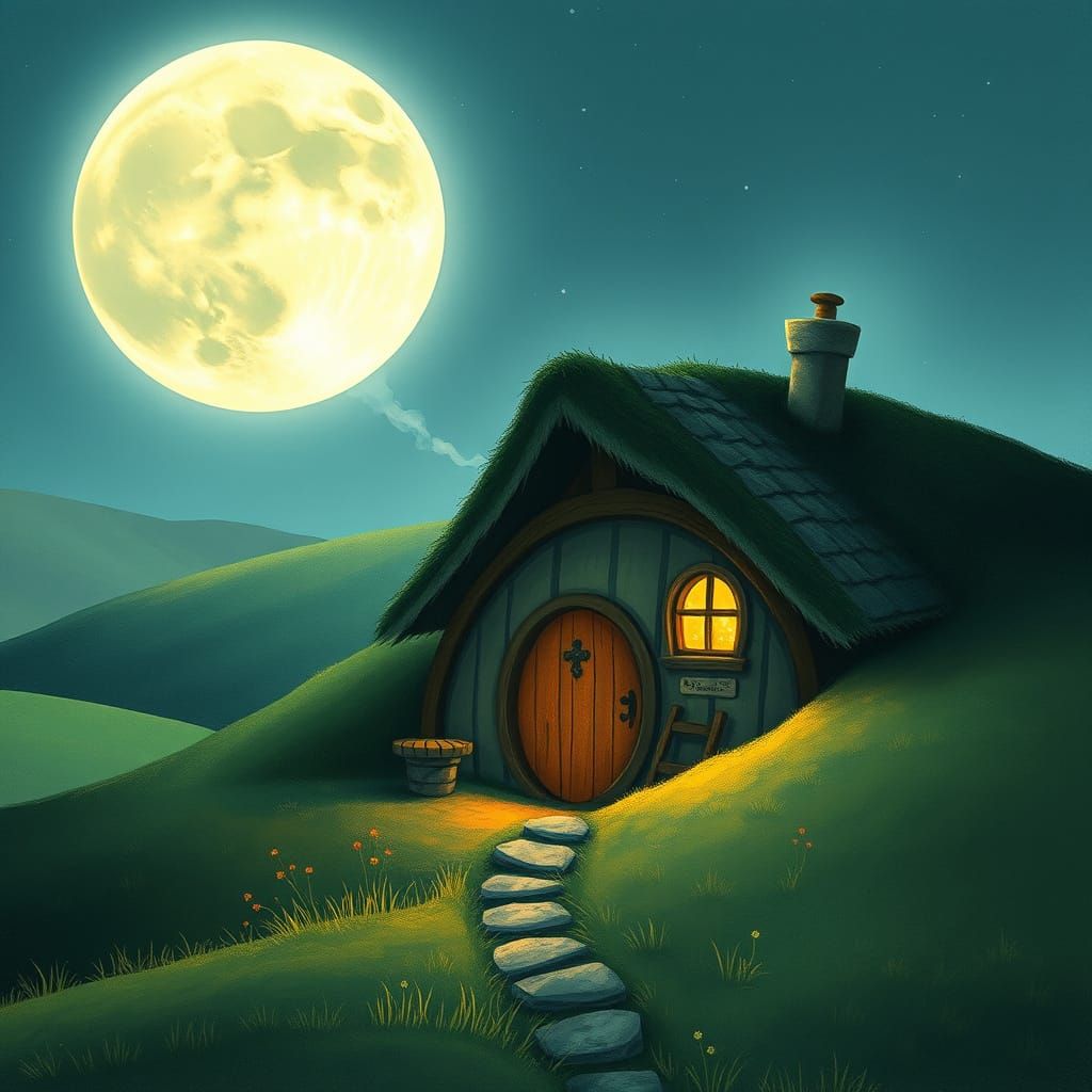 Hobbit's house under a full moon