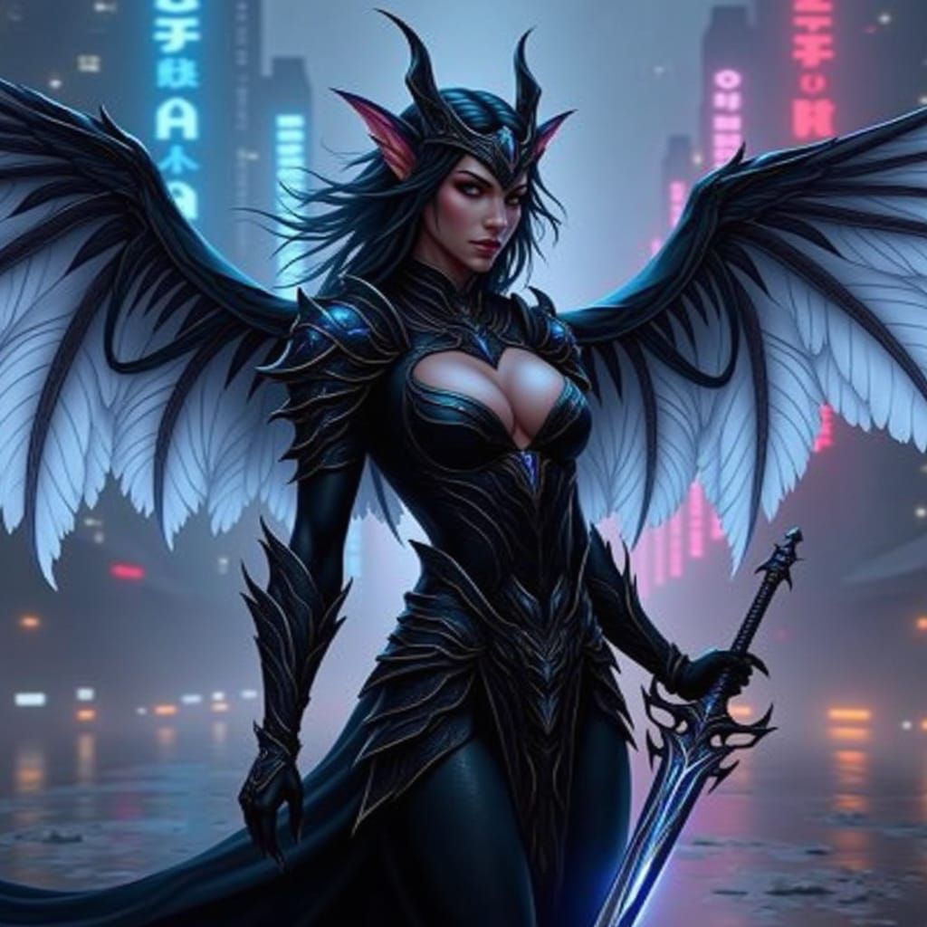 <lora:HyperRealistic Wings:1.0> Elegant dark skinned Elvin female with soft glowing blueish-white wings on her back, wearing a ornate suit o...