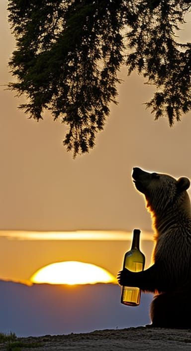 a photograph portrait of Bear drinking a bottle of wine in the sunset ...