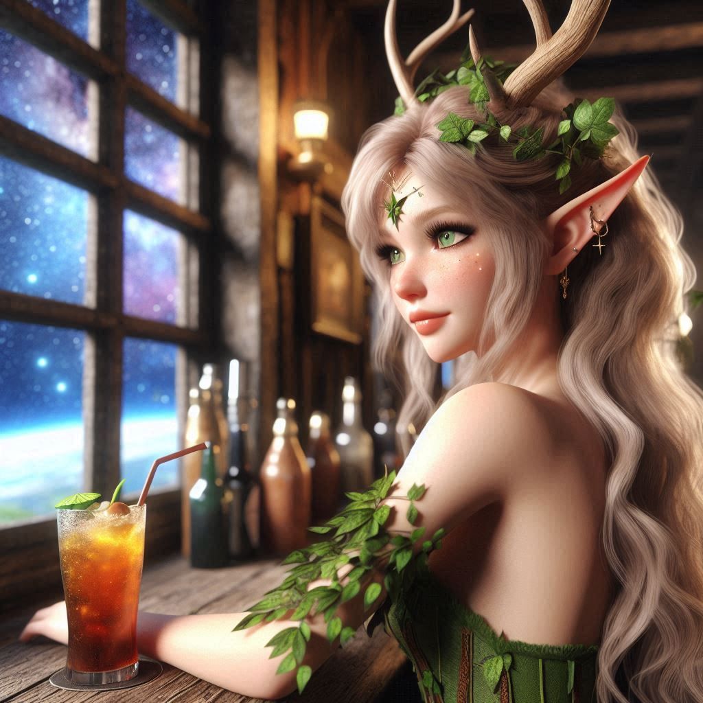 Blonde Antler Druid girl in space bar