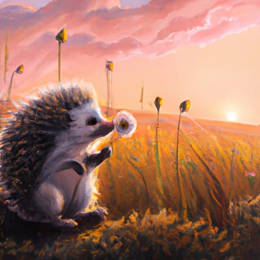 a brown and white hedgehog sitting in a feild of yellow gras...