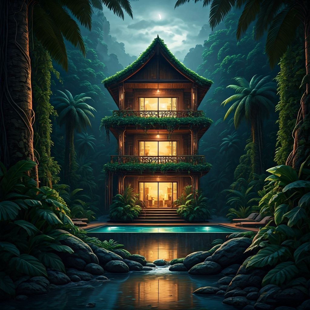 Majestic Stilt House in Jungle Valley at Night