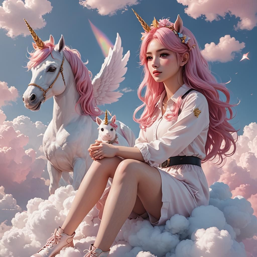 a beautiful girl in her 20s with pink hair sitting on a clou...