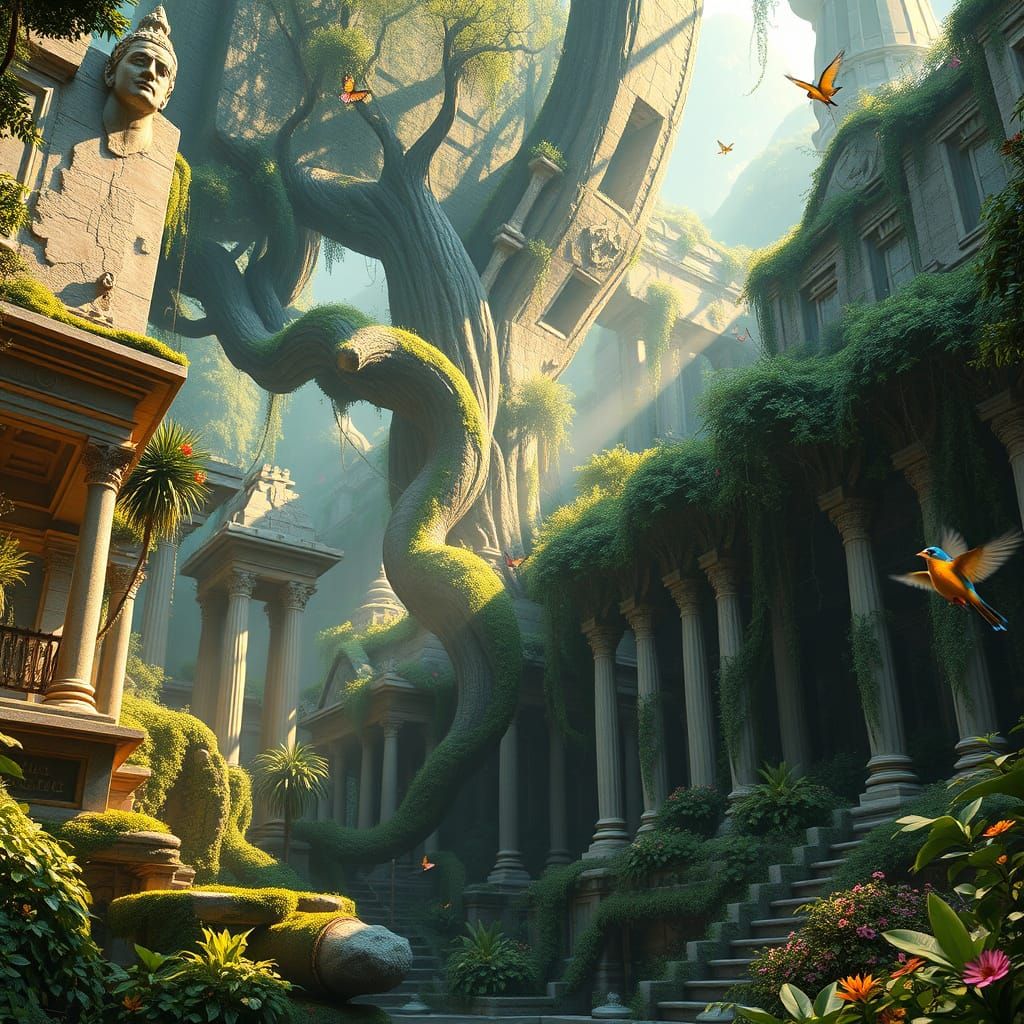 ancient marble city overgrown by jungle, massive trees growing through temples, moss-covered statues, cracked columns, shafts of sunlight th...