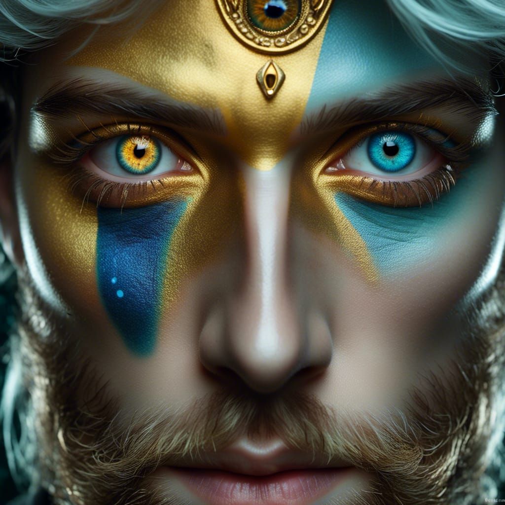 Heterochromia, <lora:SapphHeterochromiaXL:1.0> One (gold) eye and one (blue) eye, man, warlock, Split eyes, Hyperrealistic, photography, por...