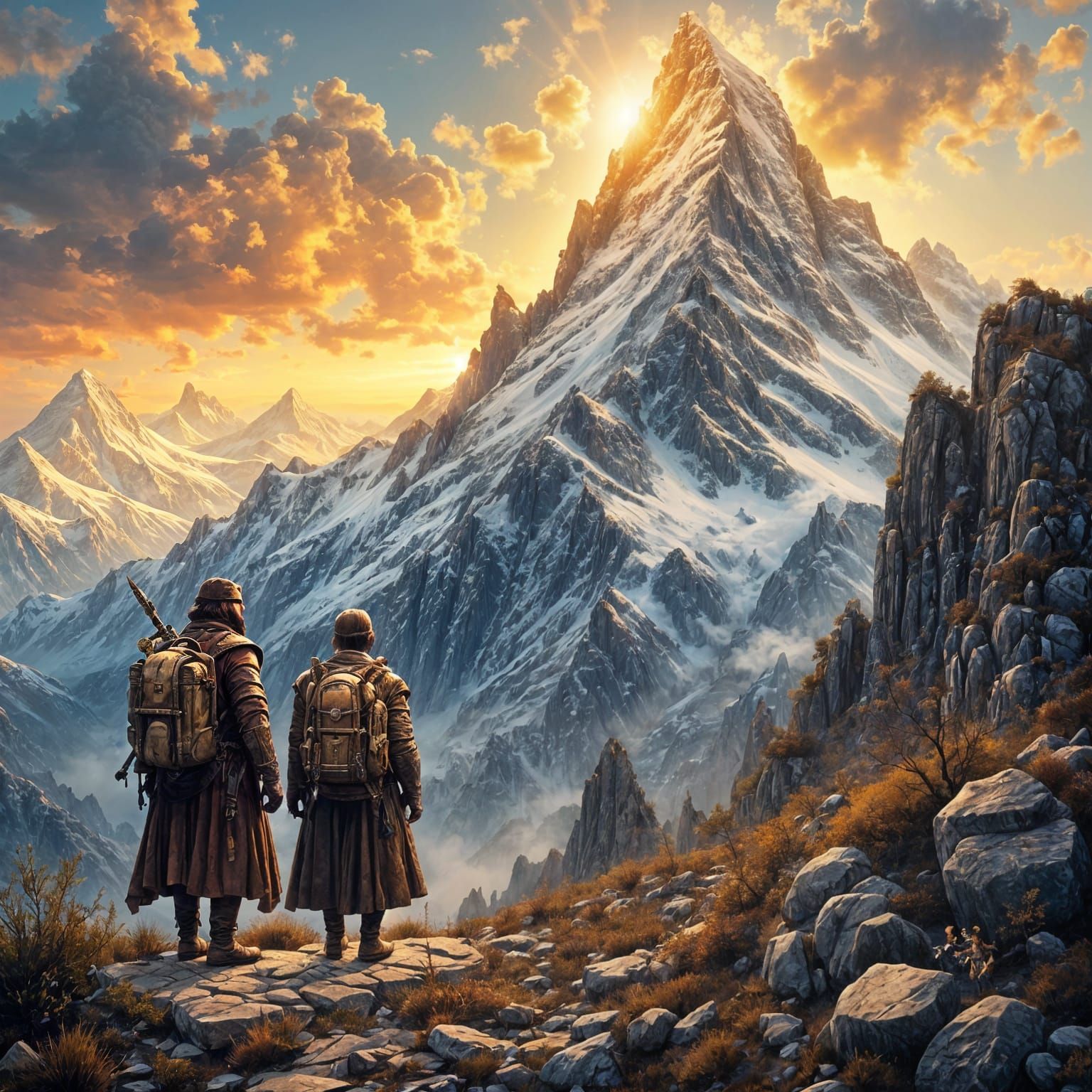 Epic Fantasy Mountain Adventure at Sunset