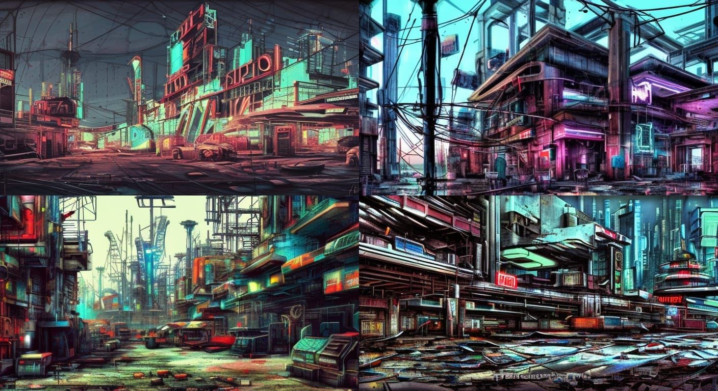 dilapidated sci-fi city, disused, dockyard, cyberpunk, neon