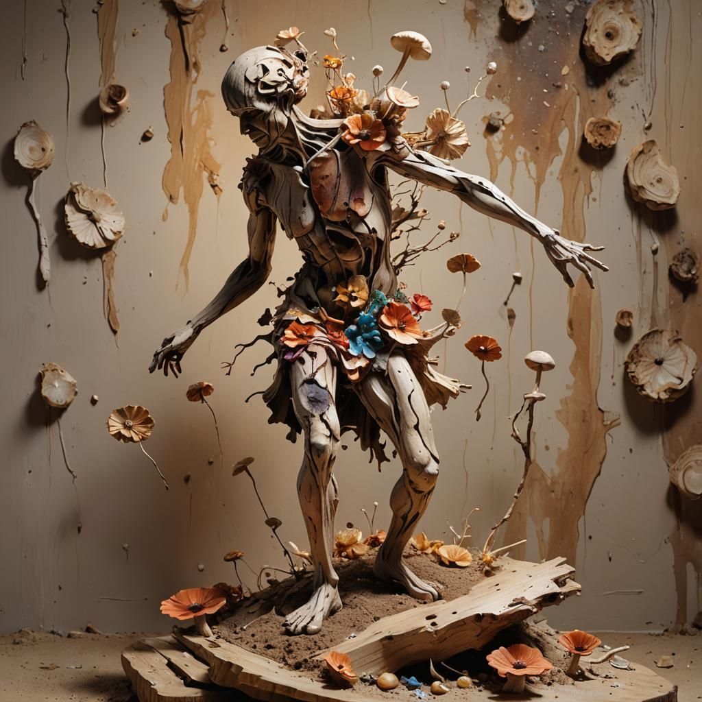 A rotten wood sculpture of a abstract simple dancer in a lod...