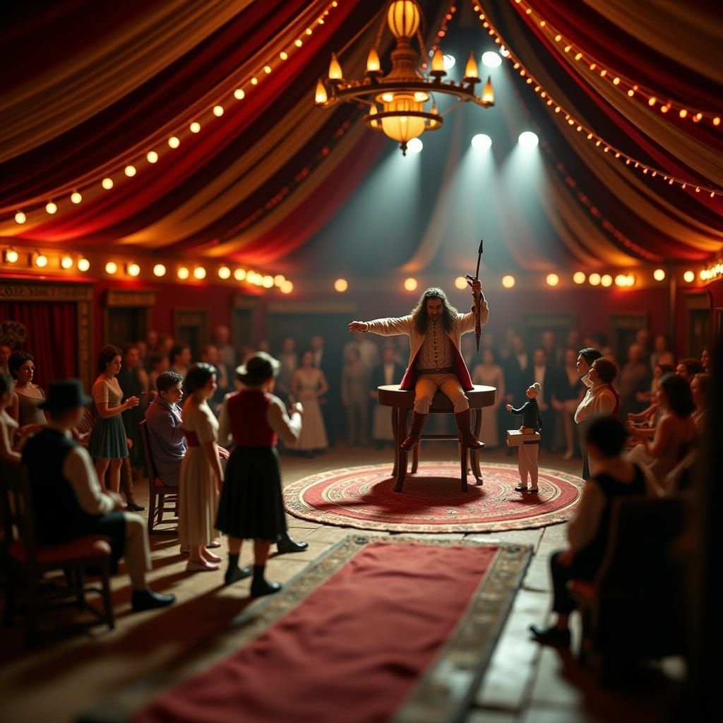 <lora:Diorama Trauma:0.8> a "Fantasy" scene, diorama. in the style of a ring master inside of an old timey Circus Tent. Cinematic HDR. extre...