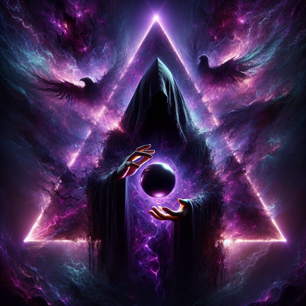 A dark and vivid triangle illuminating light with a hooded figure with face obscured in darkness holding a black orb filled with purple ligh...