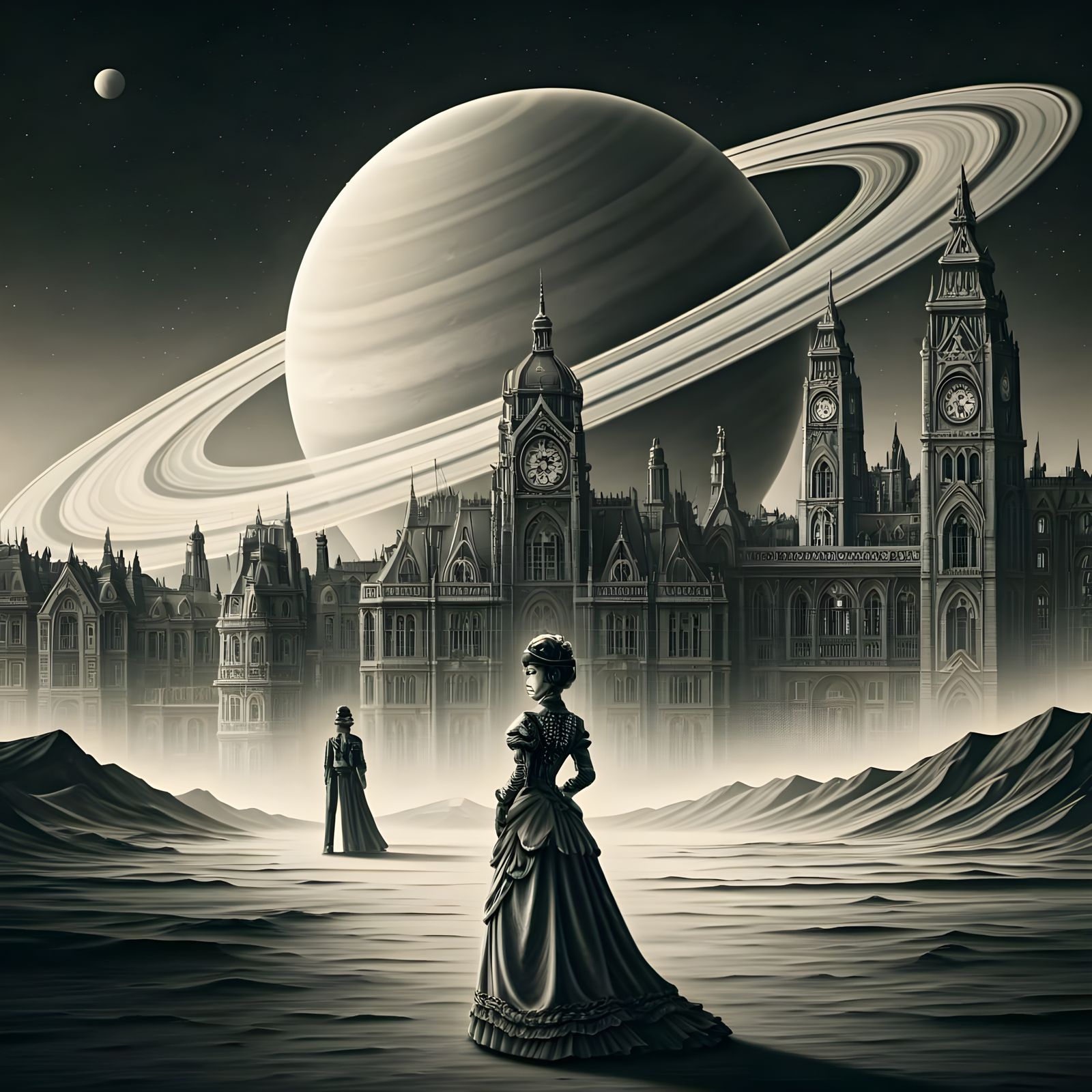 Futuristic Victorian City on Alien Planet: Charcoal Sketch