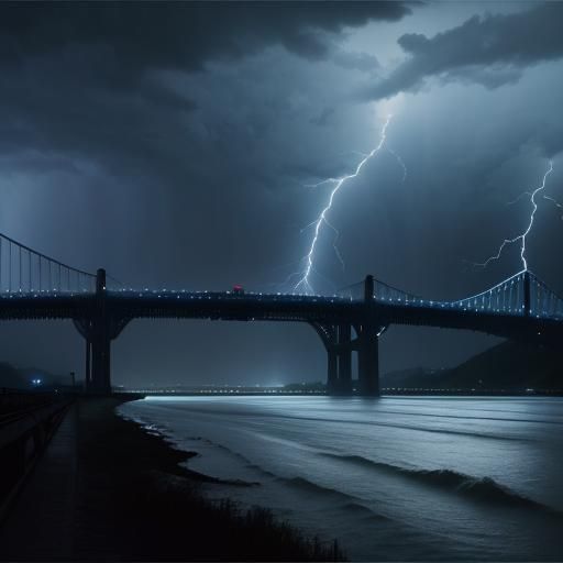 Stormy Night at Yangtze River Bridge: Digital Art