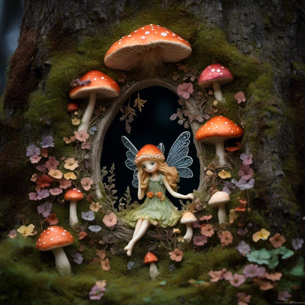 <lora:Eerie Mist:1.0> twiggy mushroom fairy window