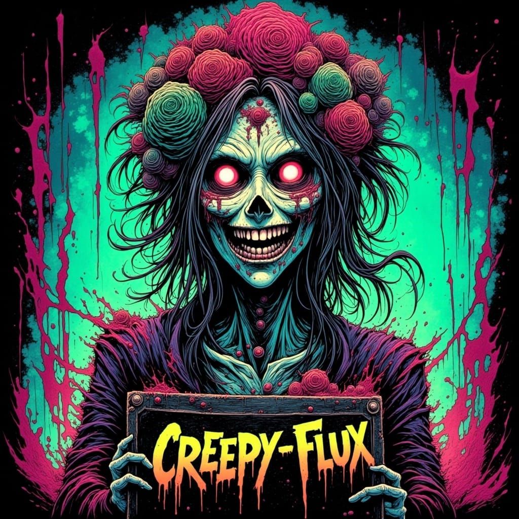 <lora:Creepy-Flux:1.0> Creepy portrait of a smiling zombie woman wearing intricately detailed colorful clothing and futuristic jewellery. Cr...