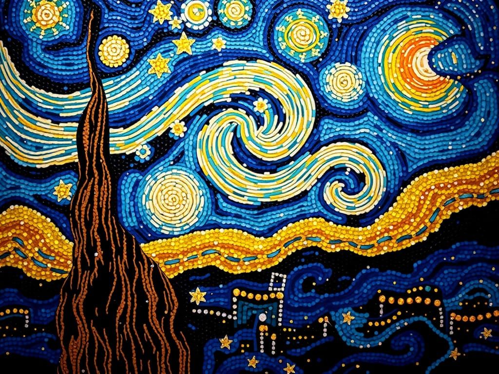 Majestic Starry Night Sequin Artwork in Gold Leaf Style