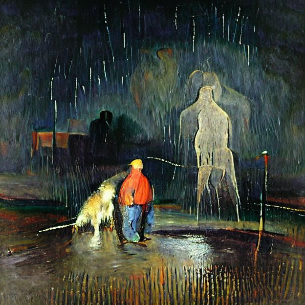 Man and dog standing in the rain at night