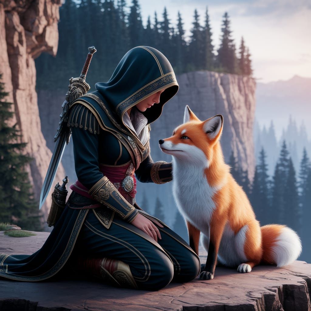 Female Assassin and Fox in Surreal Illustration