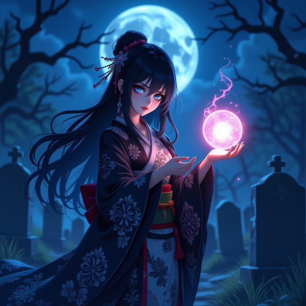 Gothic Girl in Graveyard with Glowing Orb, Anime Style