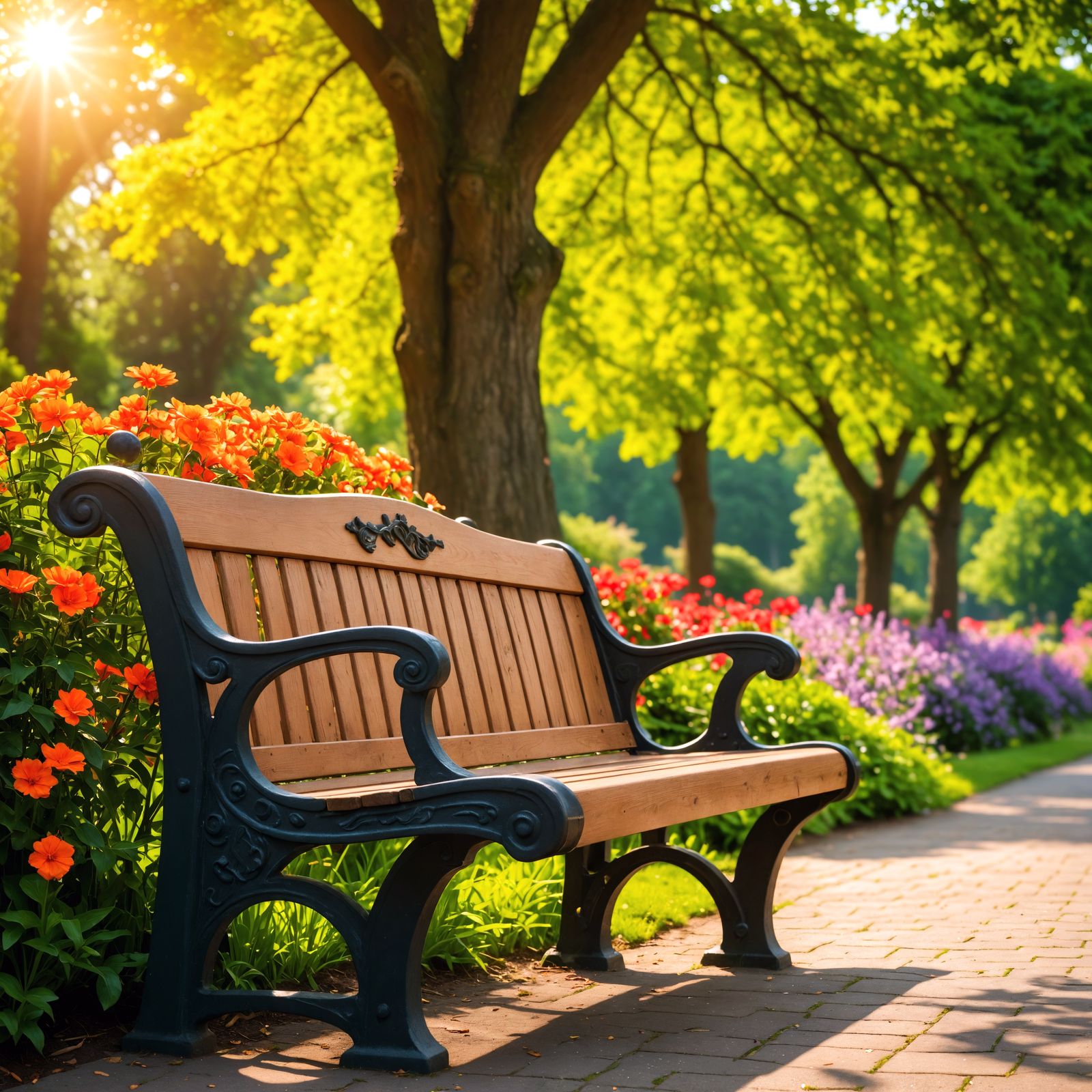 A park bench in a garden park with trees and flowers, HDR, b...