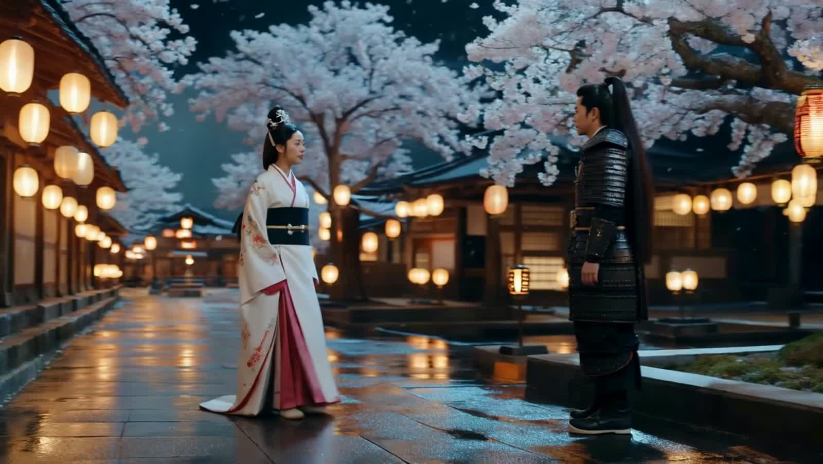 Cinematic video scene in Kyoto during cherry blossom season. The camera slowly pans across a lantern-lit street. A grace...