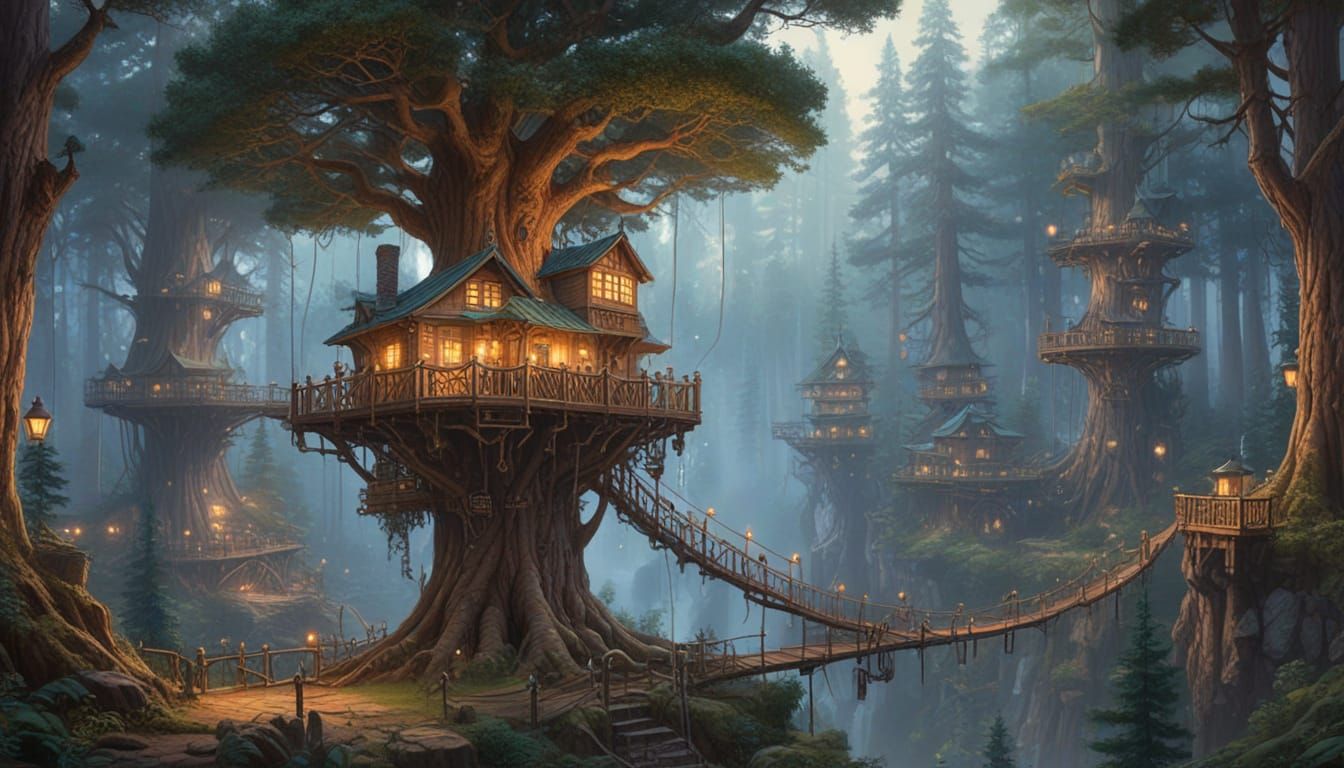 : A whimsical treehouse village nestled within the branches of an enormous, ancient sequoia tree, its ...  by @Sima Knauff