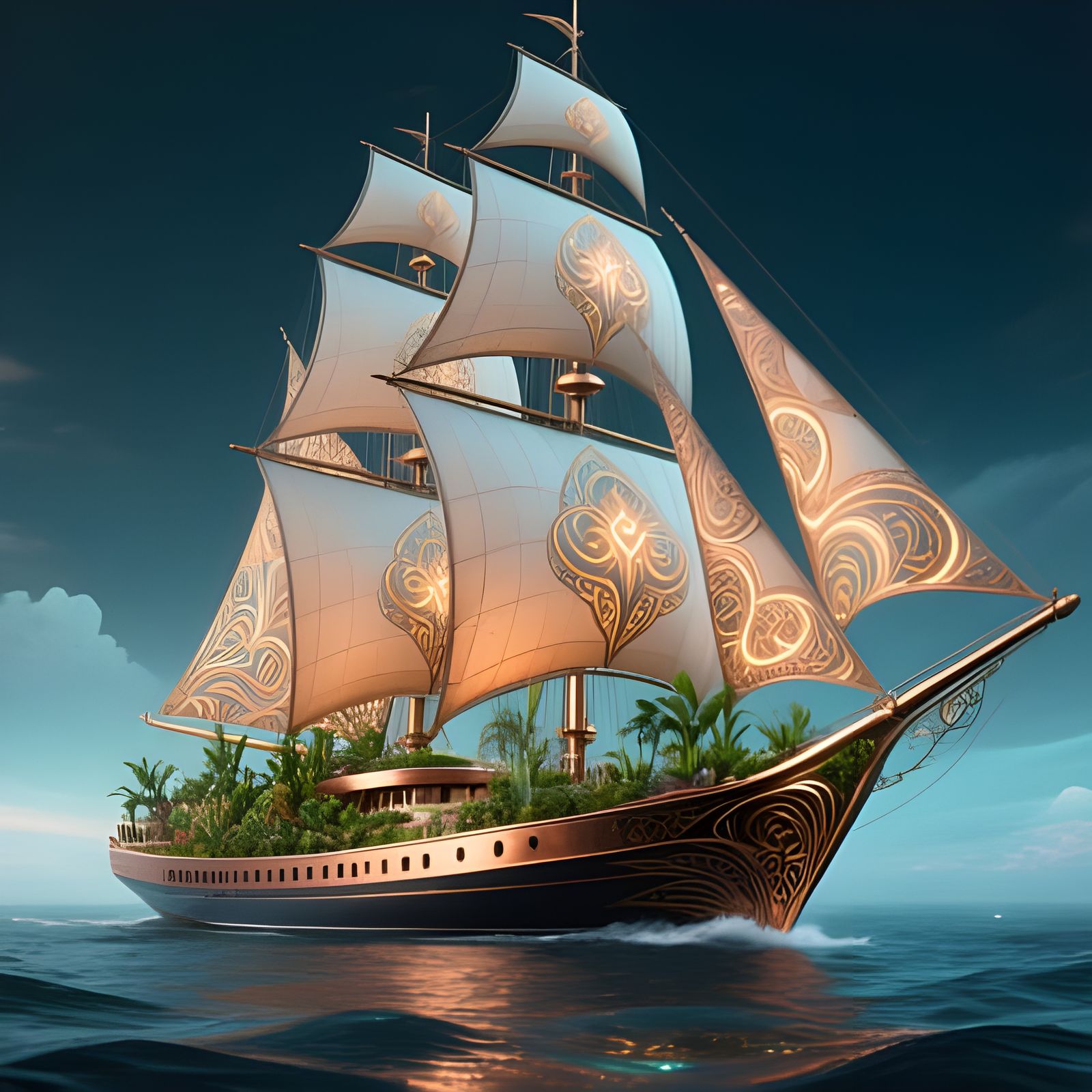 Elven Biophilic Yacht with Magical Sails
