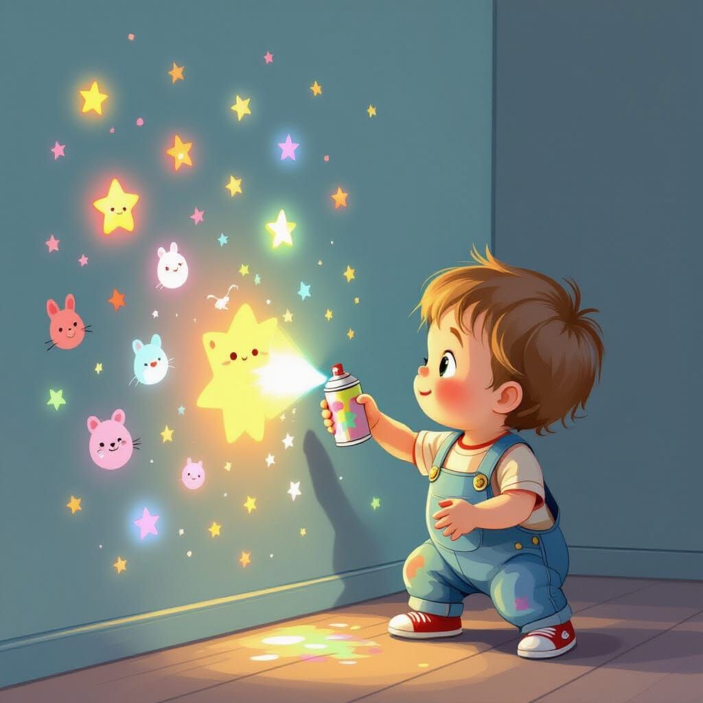 Baby Artist Paints Glowing Wall With Whimsical Figures