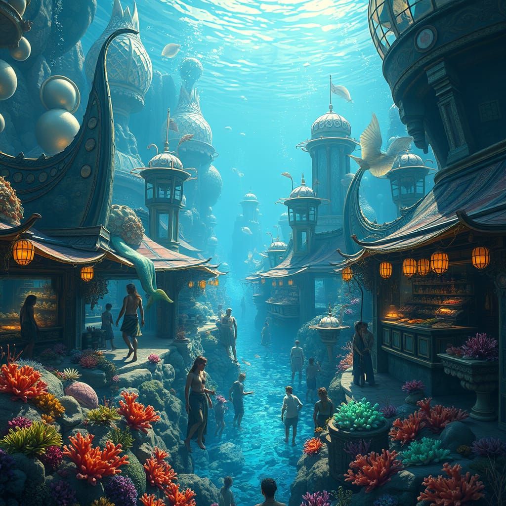 A bustling underwater marketplace, teeming with merfolk and humans adapted to aquatic life, trading exotic ...  by @JFX3d UK